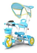 Triciclo Infantil Passeio com Empurrador Pedal Luz Som Capota UV Azul