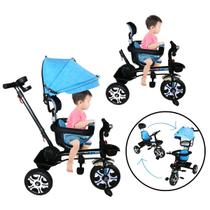 Triciclo Infantil Passeio Criança 2 em 1 Com Pedais Capota Reclinável e Removível Multifuncional Com Empurrador Azul