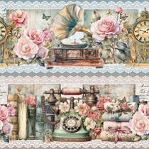 Tricoline Digital Barrado Antiguidades Vintage 55cm x 1,50m - 100% Algodão