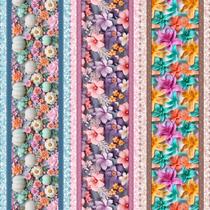 Tricoline Digital Barrado Flores 3D Faixa Azul e Rosa - 98878 Tricoline Digital Barrado Flores 3D Faixa Azul e Rosa - 98878