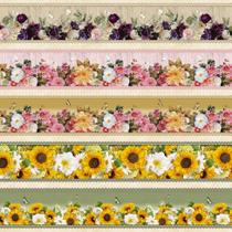 Tricoline Digital Barrado Flores e Borboletas 55cm x 1,50mt - 100% Algodão