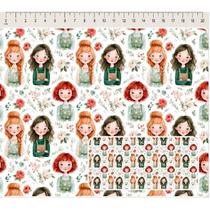 Tricoline Digital Cute Girls Meninas e Flores, 100% Algodão, Lilás Verde e Branco, 50x150cm Tricoline Digital Cute Girls Meninas e Flores, 100% Algodão, Lilás Verde e Branco, 50x150cm