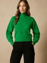 Tricot feminino manga longa gola alta detalhe coração lâ moda inverno blusa de frio quentinha punho