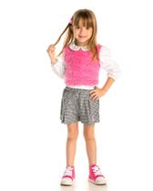 Trijunto Feminino Infantil com Camisa Ursinho, Short Xadrez e Pullover Gabriela Aquarela 241022