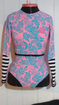 Trikini Cropped Manga Longa Hot Pant Lycra UV50+ Rosa Folhas Tamanho:GCor:Rosa