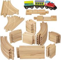 Trilhos de trem de madeira Dragon Drew - 55 Peças - Compatível com Brio, Thomas, Chuggington e todas as principais marcas - Kit de Acessórios e Expansão Inclui 52 Pistas e 3 Carros Bonitos