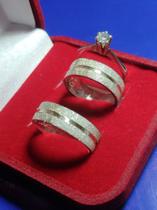 Trio Alianças Foscas com Anel Namoro Compromisso Prata 950 de lei 5 mm