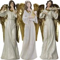 Trio Anjos Músicos Flauta Violino Harpa Em Resina Natal 38cm