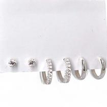 Trio argola click cravejada / lisa / brinco zirconia redondo 3mm prata 925