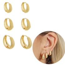 Trio Argola Detalhes banhada ouro 18k delicada feminina moda Trio Argola Detalhes banhada ouro 18k delicada feminina moda