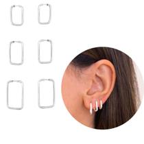 Trio Argola prata 925 Retangular banhado antialérgico moda Trio Argola prata 925 Retangular banhado antialérgico moda