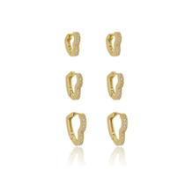 Trio Argolas Coração com Zircônia Branca Banhado a Ouro 18k