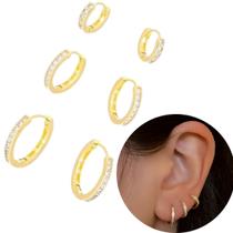 Trio Argolinha click cravejada 1 fileira banhada a ouro 18k