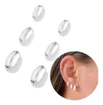 Trio Argolinha Gota Detalhes Prata Delicada Feminina Banhada