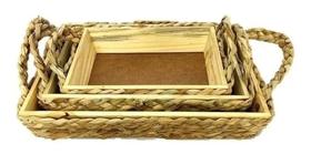 Trio Bandeja Com Alça Palha Retangular Entrelaçada Madeira Trio Bandeja Com Alça Palha Retangular Entrelaçada Madeira