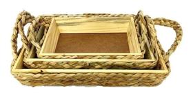 Trio Bandeja Com Alça Palha Retangular Entrelaçada Madeira Trio Bandeja Com Alça Palha Retangular Entrelaçada Madeira