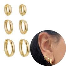 Trio brinco Argola lisa Aro fino banhada a ouro 18 delicada