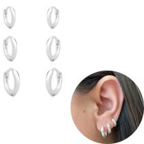 Trio brinco Argola lisa Aro fino banhada prata 925 delicada