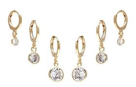Trio Brinco Argola Pedra Zirconia Folheado Pingente Zirconia