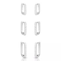 Trio brinco argolinha retangular cravejado - Banhado em prata 925 Trio brinco argolinha retangular cravejado - Banhado em prata 925