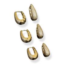 Trio Brinco Gota Click Cravejado Banhado a Ouro 18k