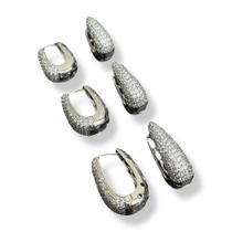 Trio Brinco Gota Click Cravejado Banhado a Ródio Branco Trio Brinco Gota Click Cravejado Banhado a Ródio Branco