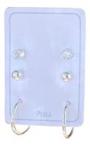 Trio Brinco Prata 925 Zircônia Redonda Bolinha Argola