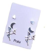 Trio Brinco Prata Coração Lua Fé Trio Brinco Prata Coração Lua Fé