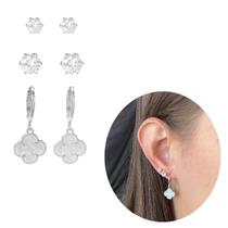 Trio Brinco Trevo Madrepérola Prata 925 Moda Virginia Banhado