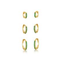 Trio Brincos Argola com uma fileira Zirconias Verdes Banhado a Ouro 18k Trio Brincos Argola com uma fileira Zirconias Verdes Banhado a Ouro 18k