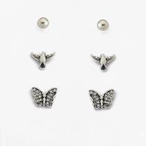 Trio Brincos Borboleta e Espirito Santo Cravejado Com Zircônias Prata 925