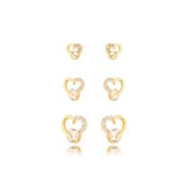 Trio Brincos Corações Cravejados Banhado a Ouro 18k