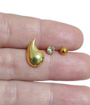 Trio Brincos Gota, Pedrinha e Bolinha Dourados