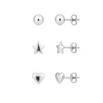 Trio Brincos Pequenos Bolinha, Estrela, Coração Em Prata 925
