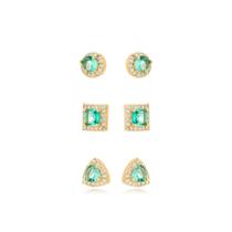 Trio Brincos Ponto de Luz Verde Banhado a Ouro 18k Trio Brincos Ponto de Luz Verde Banhado a Ouro 18k