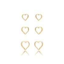 Trio Brincos Vazados Corações Banhado a Ouro 18k Trio Brincos Vazados Corações Banhado a Ouro 18k