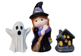 Trio Bruxinha Fantasma E Casinha Mini Decoração Halloween