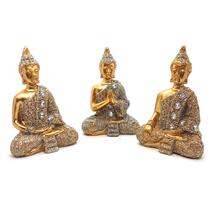 Trio Buda Tailandês Meditando Dourando Brilhante Buda 9 cm