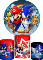 Trio Capa Cilindro + Painel Redondo 3D Sonic Vs Mario 1,50M - Prime Decor Festas