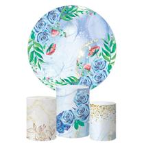 Trio Capa Cilindro + Painel Redondo Marmore Floral Azul Trio Capa Cilindro + Painel Redondo Marmore Floral Azul