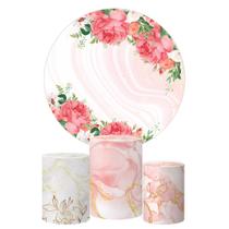 Trio Capa Cilindro + Painel Redondo Mármore Floral Rosa Trio Capa Cilindro + Painel Redondo Mármore Floral Rosa