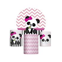 Trio Capa Cilindro + Painel Redondo Panda Rosa Tecido 1,50M