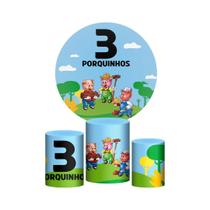 Trio Capa Cilindro + Painel Redondo Tres Porquinhos 1,50M - Prime Decor Festas