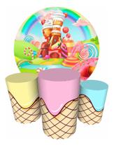 Trio Capas Cilindro + Painel Redondo 1,50m Candy Doces