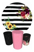 Trio Capas Cilindro + Painel Redondo 1,50m Flores Trio Capas Cilindro + Painel Redondo 1,50m Flores