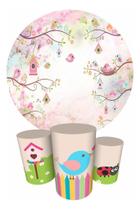 Trio Capas Cilindro + Painel Redondo 1,50m Passarinhos