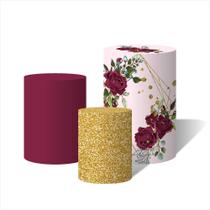 Trio Capas Para Cilindro Versátil Flores e Arcos Dourados C/ Elástico Trio Capas Para Cilindro Versátil Flores e Arcos Dourados C/ Elástico