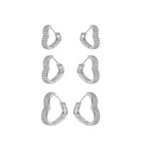 Trio de argolas coração com cravação frontal banhado a ródio branco Trio de argolas coração com cravação frontal banhado a ródio branco