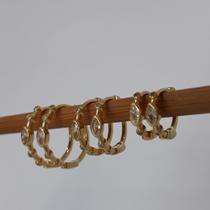 Trio de argolinhas cravejada em detalhe de gotas, semi jóia