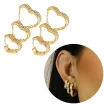 Trio de Argolinhas cravejadas 2 fileiras coração banhada a ouro 18k